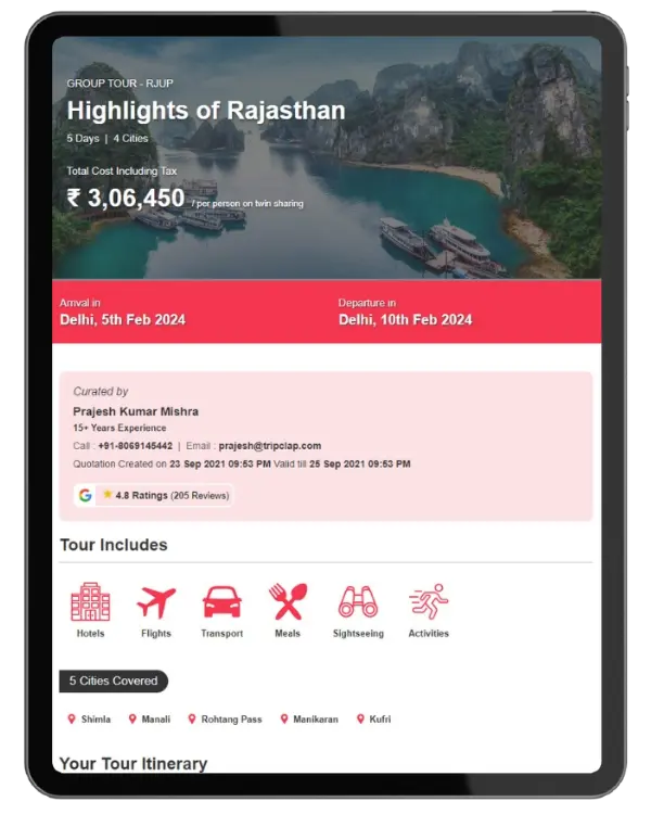 ipad screen showing showing sample itinerary made through TripClap Itinerary Builder for Travel Agents